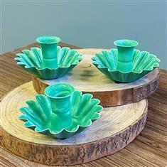 Enamel Cupped Flower Candle Holder Green
