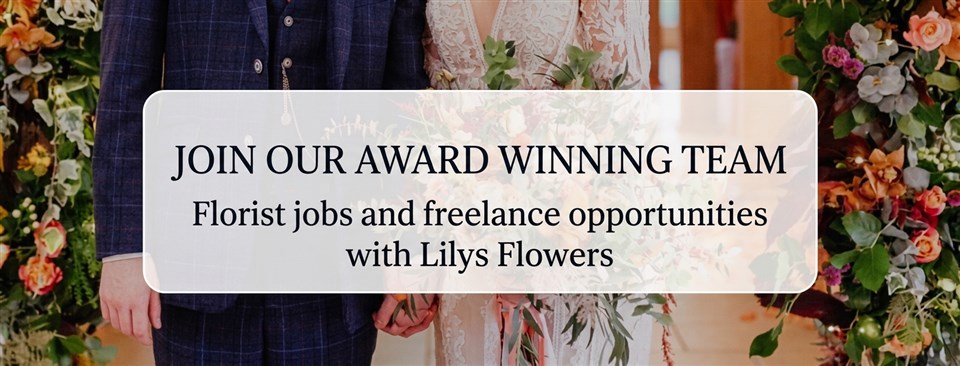 Join our award-winning team header banner featuring wedding floristry work by Lily's Flowers for florist jobs and freelance recruitment in Surrey.